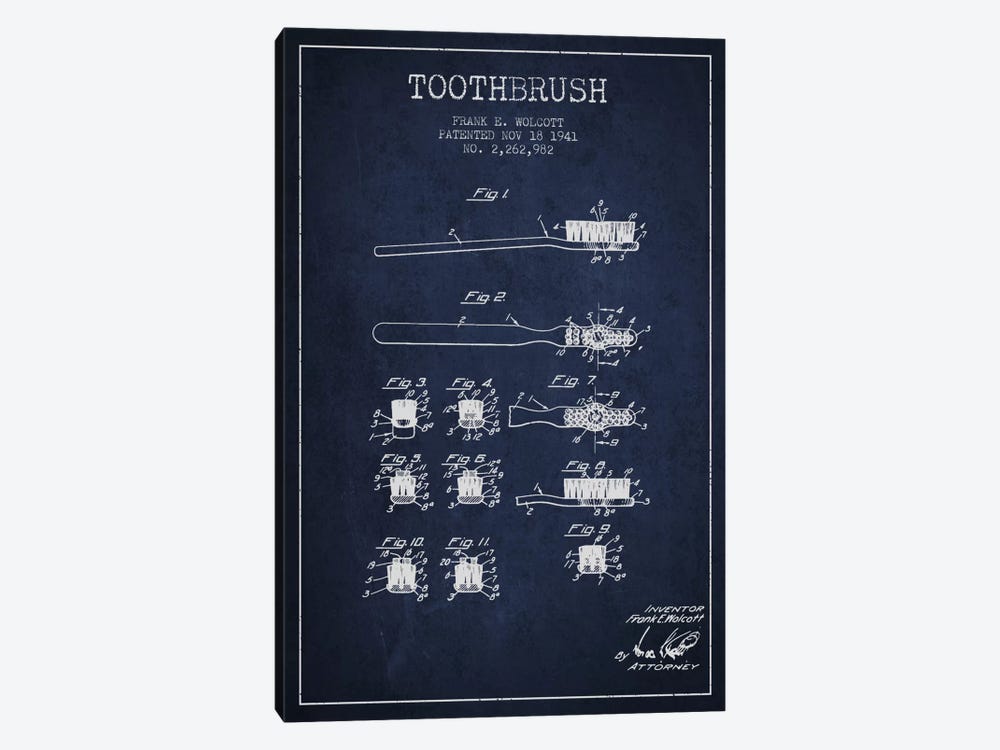 Toothbrush Navy Blue Patent Blueprint 1-piece Art Print