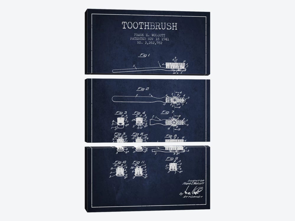 Toothbrush Navy Blue Patent Blueprint by Aged Pixel 3-piece Canvas Art Print