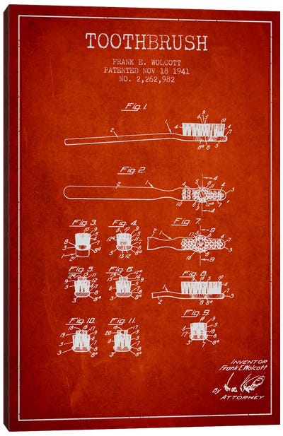 Toothbrush Red Patent Blueprint Canvas Art Print - Aged Pixel: Medical & Dental