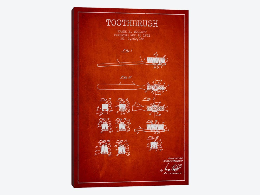 Toothbrush Red Patent Blueprint by Aged Pixel 1-piece Canvas Art
