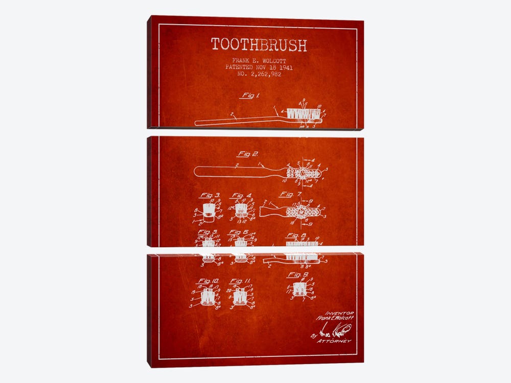 Toothbrush Red Patent Blueprint by Aged Pixel 3-piece Canvas Artwork