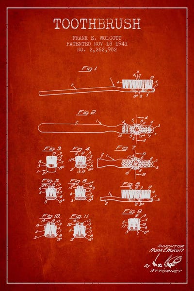 Medical & Dental Blueprints: Toothbrush Red Patent Blueprint by Aged Pixel