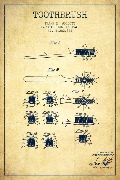 Toothbrush Vintage Patent Blueprint by Aged Pixel wall art