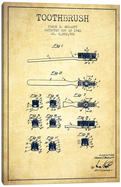 Toothbrush Vintage Patent Blueprint Canvas Art Print - Medical & Dental Blueprints