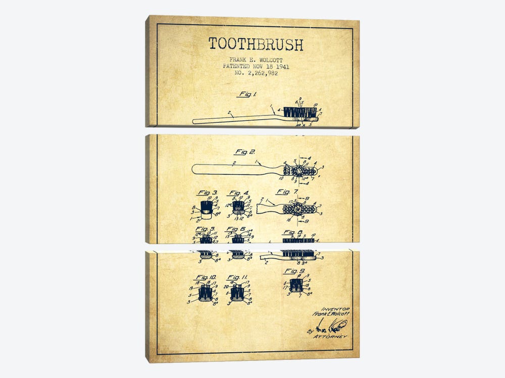 Toothbrush Vintage Patent Blueprint by Aged Pixel 3-piece Art Print