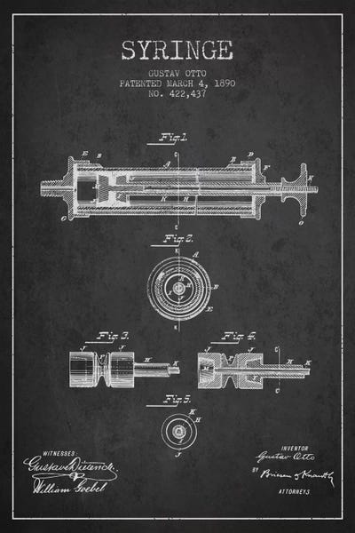 Medical & Dental Blueprints: Syringe Charcoal Patent Blueprint by Aged Pixel