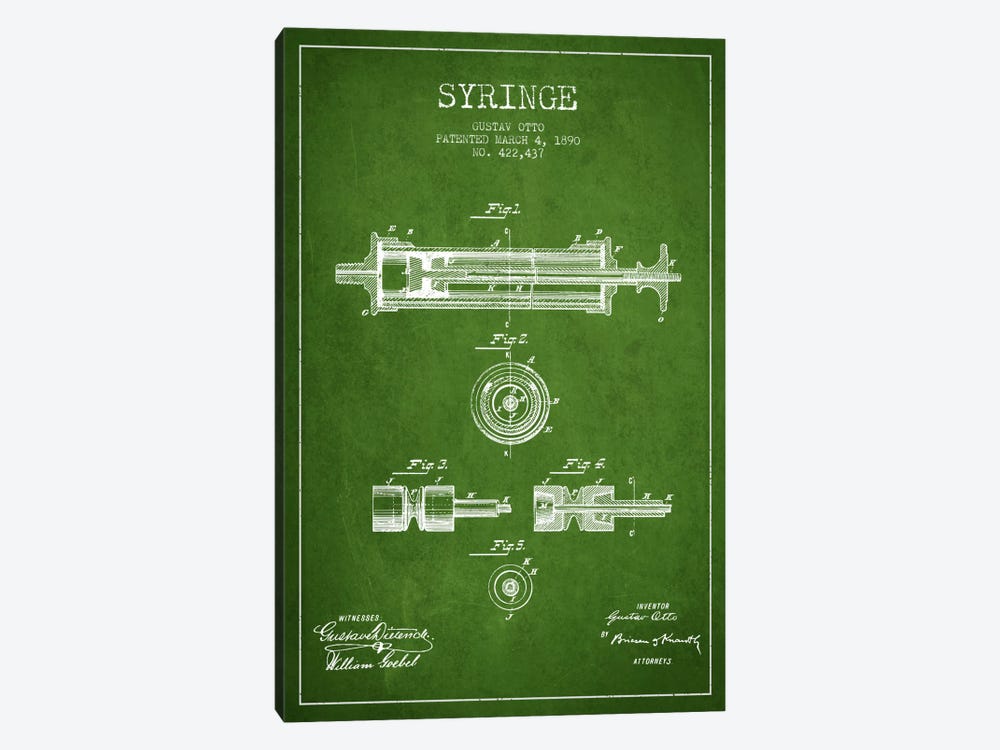 Syringe Green Patent Blueprint by Aged Pixel 1-piece Canvas Art Print