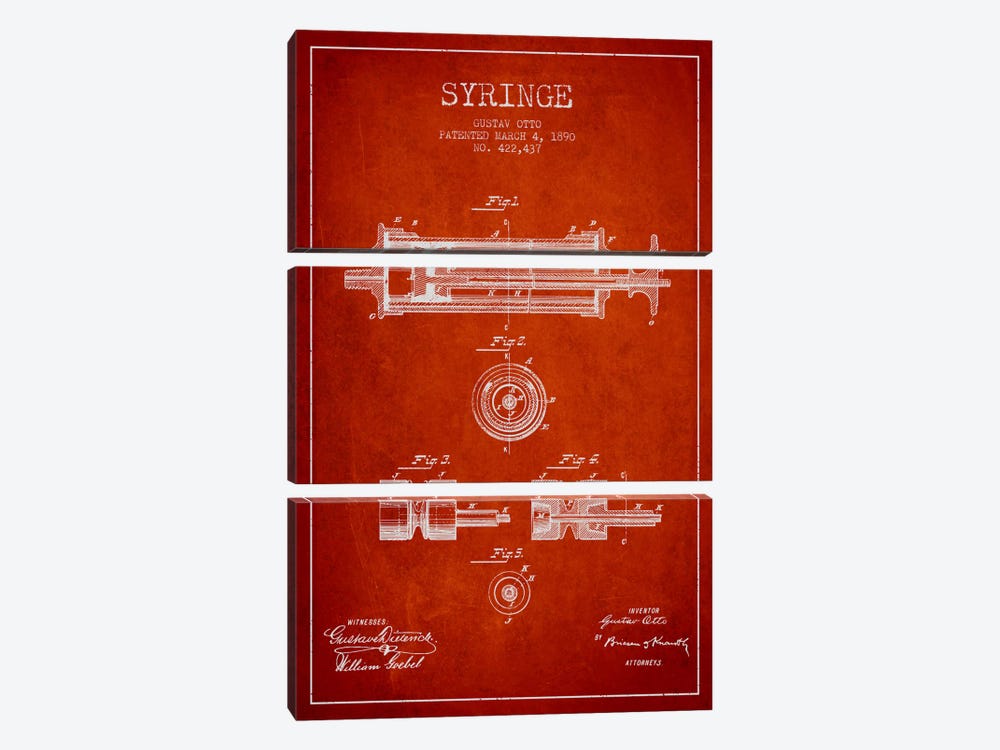 Syringe Red Patent Blueprint by Aged Pixel 3-piece Canvas Print