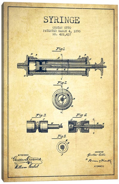 Syringe Vintage Patent Blueprint Canvas Art Print - Medical & Dental Blueprints