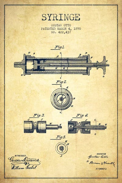 Medical & Dental Blueprints: Syringe Vintage Patent Blueprint by Aged Pixel