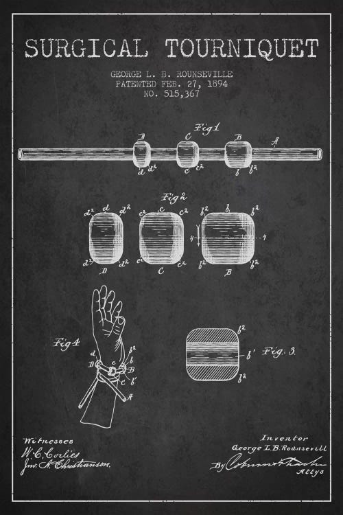 Surgical Tourniquet Charcoal Patent Blueprint by Aged Pixel wall art