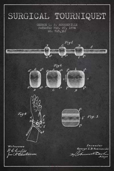 Medical & Dental Blueprints: Surgical Tourniquet Charcoal Patent Blueprint by Aged Pixel