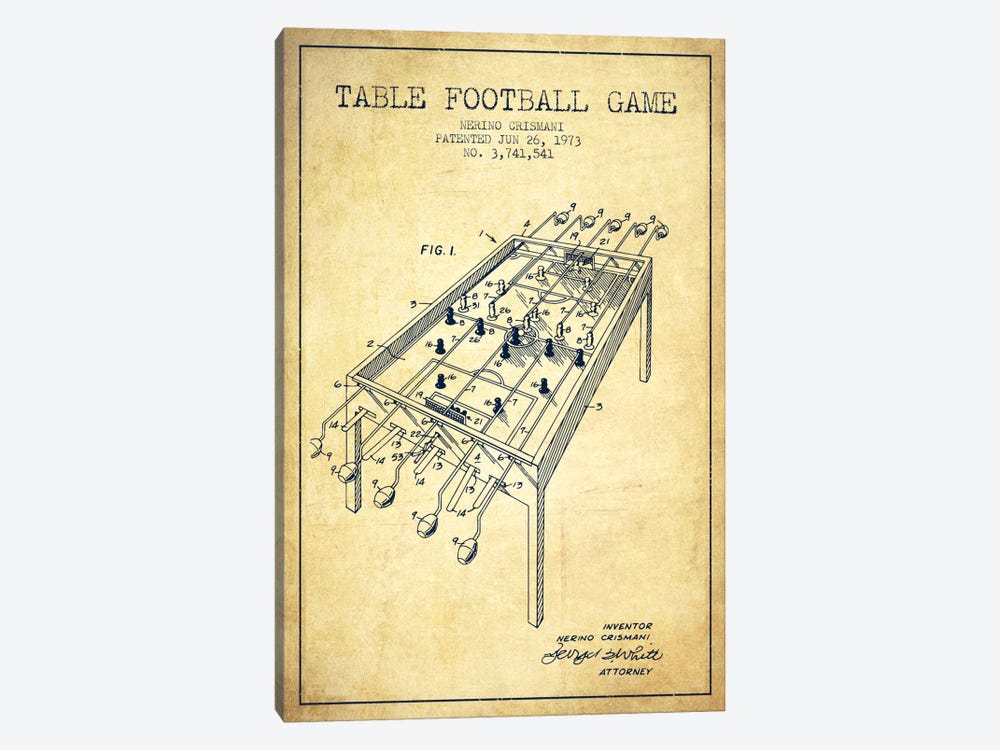 Table Football 2 Vintage Patent Blueprint by Aged Pixel 1-piece Canvas Artwork