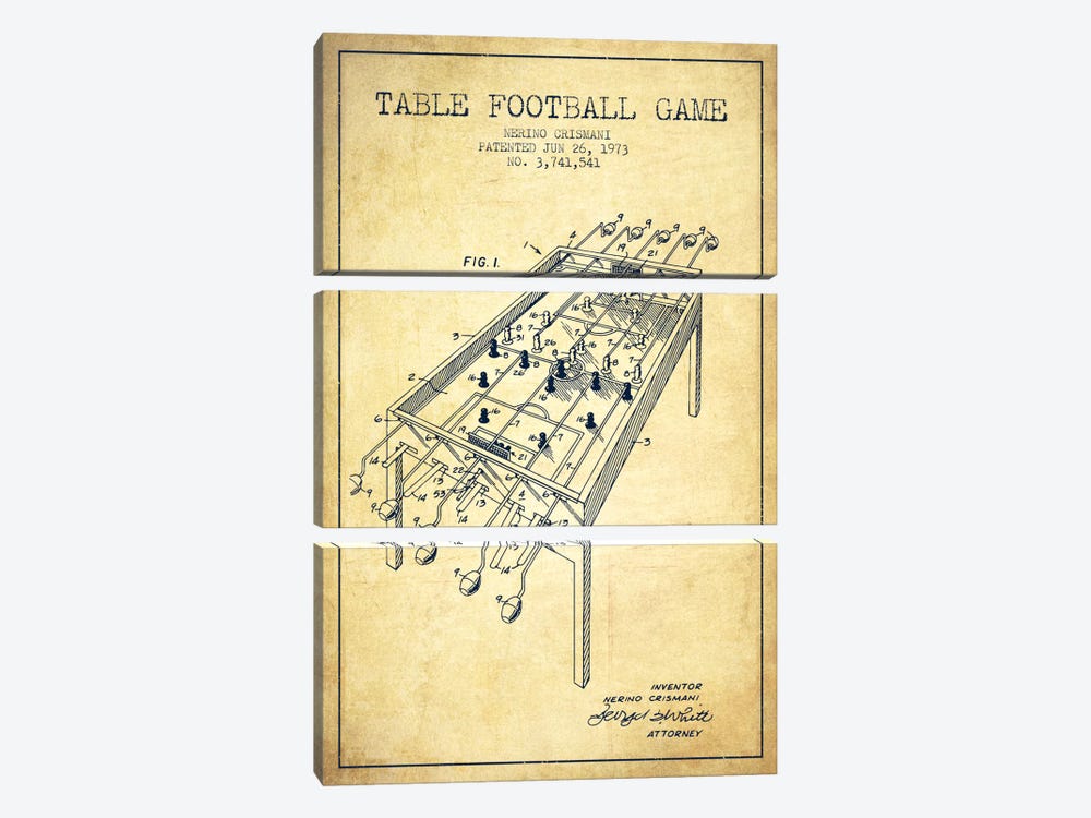 Table Football 2 Vintage Patent Blueprint by Aged Pixel 3-piece Canvas Artwork