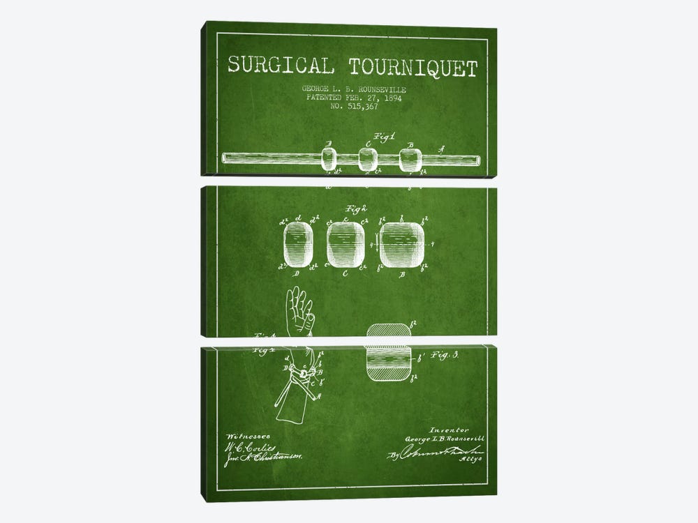 Surgical Tourniquet Green Patent Blueprint by Aged Pixel 3-piece Canvas Art Print