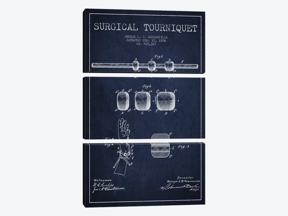 Surgical Tourniquet Navy Blue Patent Blueprint by Aged Pixel 3-piece Canvas Wall Art