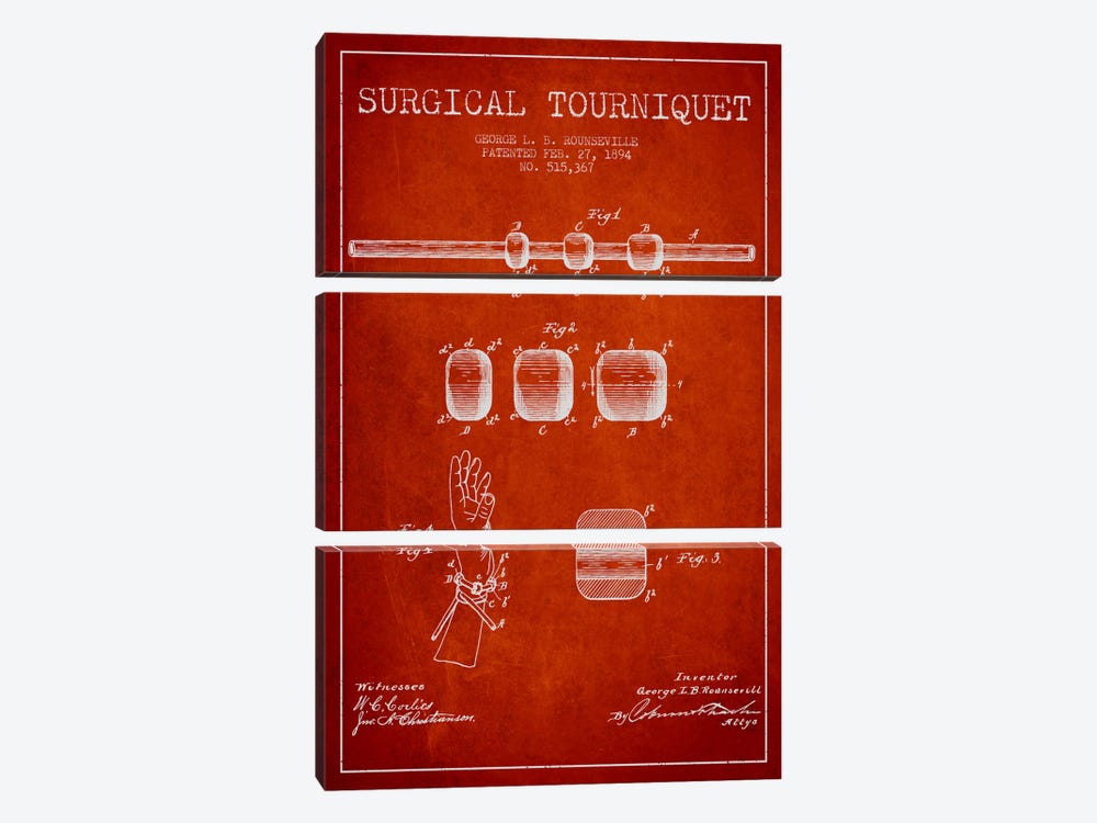 Surgical Tourniquet Red Patent Blueprint by Aged Pixel 3-piece Canvas Print