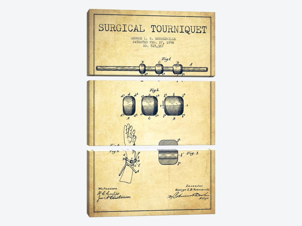 Surgical Tourniquet Vintage Patent Blueprint by Aged Pixel 3-piece Canvas Artwork