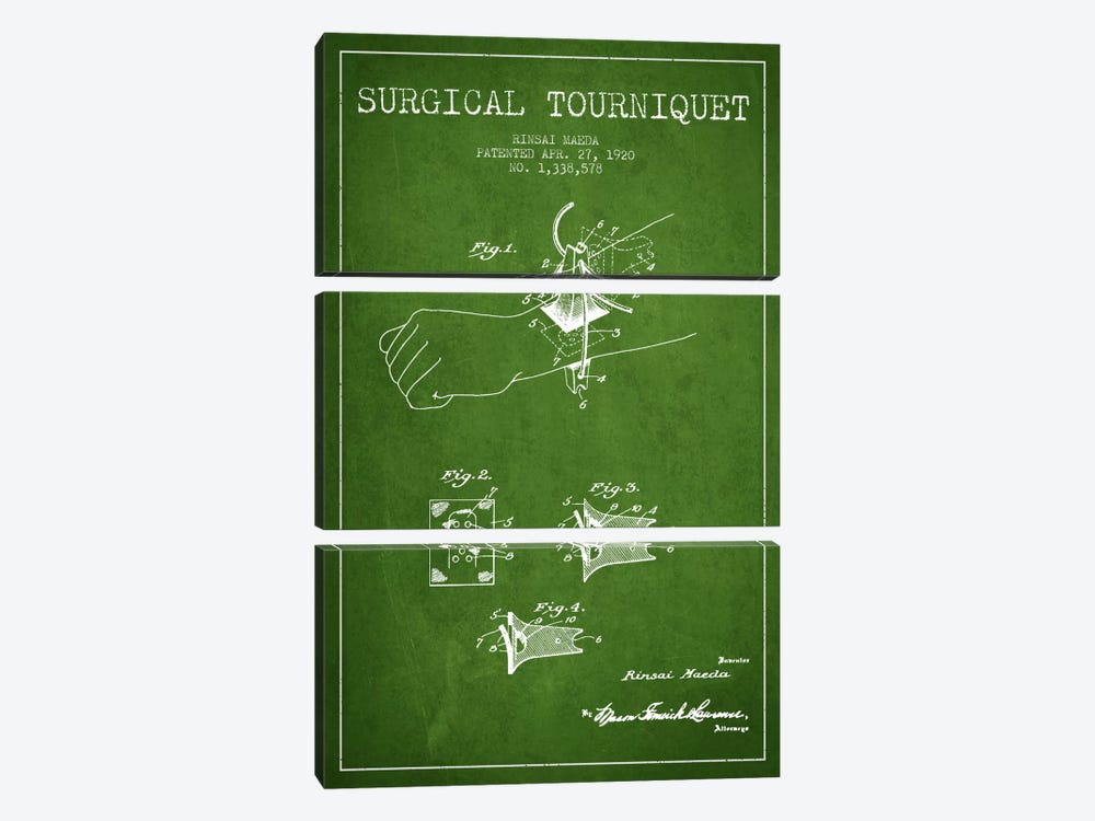 Surgical Tourniquet Green Patent Blueprint by Aged Pixel 3-piece Canvas Art