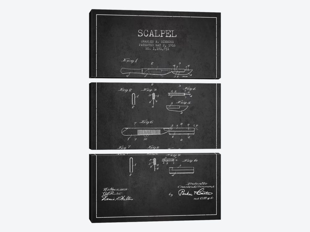 Scalpel Charcoal Patent Blueprint by Aged Pixel 3-piece Canvas Wall Art