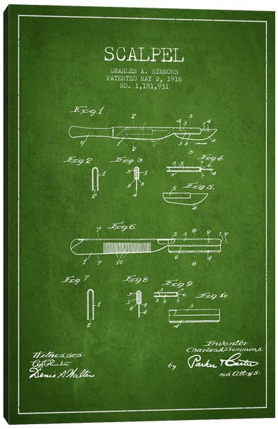 Scalpel Green Patent Blueprint Canvas Art Print - Medical & Dental Blueprints