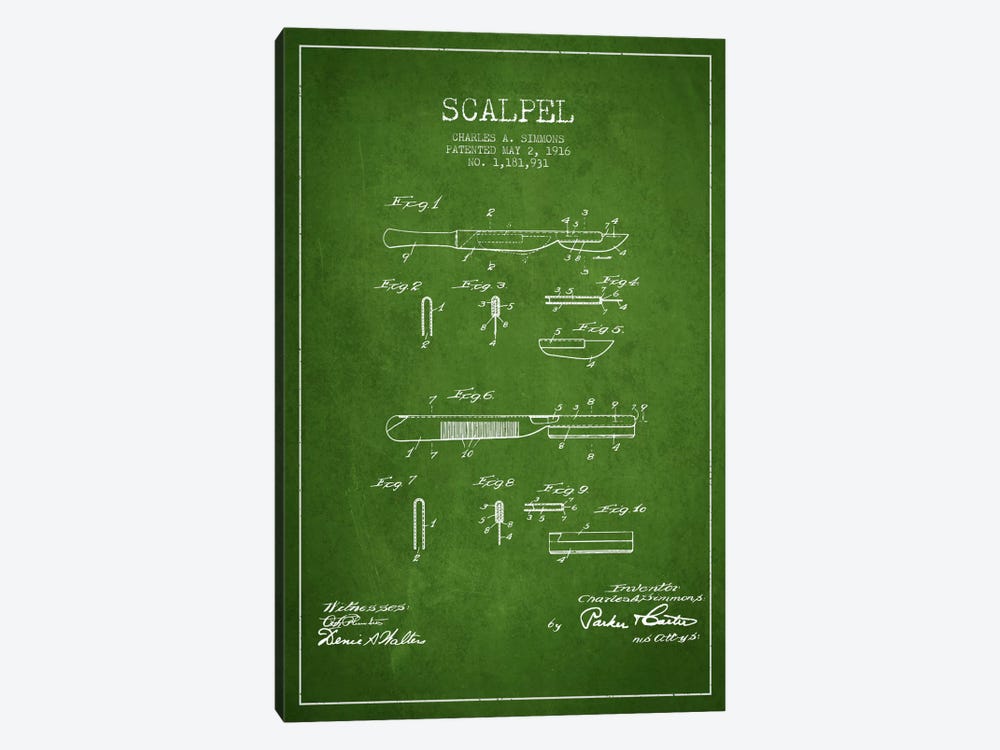 Scalpel Green Patent Blueprint by Aged Pixel 1-piece Canvas Wall Art