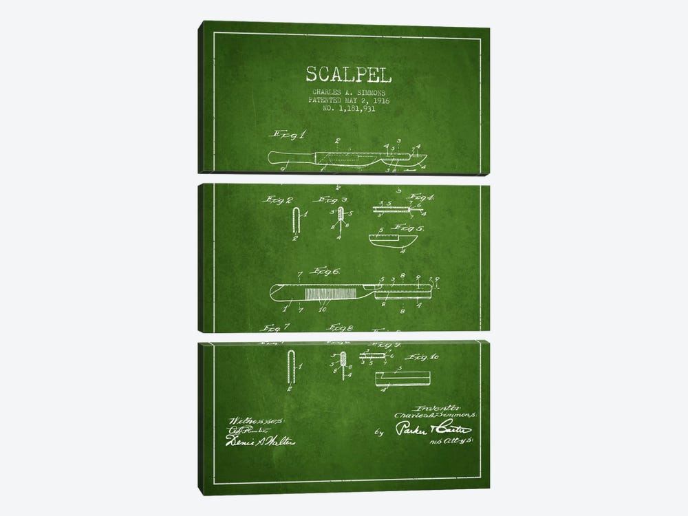 Scalpel Green Patent Blueprint by Aged Pixel 3-piece Canvas Art