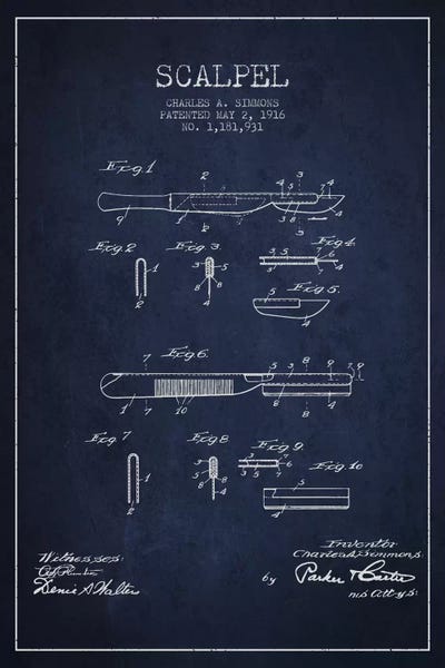Scalpel Navy Blue Patent Blueprint by Aged Pixel framed canvas print