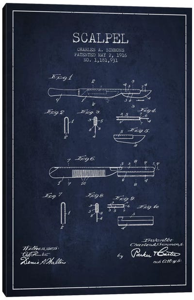 Scalpel Navy Blue Patent Blueprint Canvas Art Print - Aged Pixel: Medical & Dental