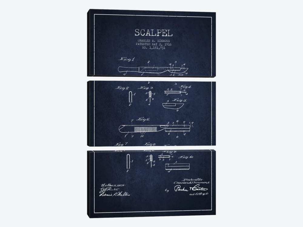 Scalpel Navy Blue Patent Blueprint by Aged Pixel 3-piece Canvas Print