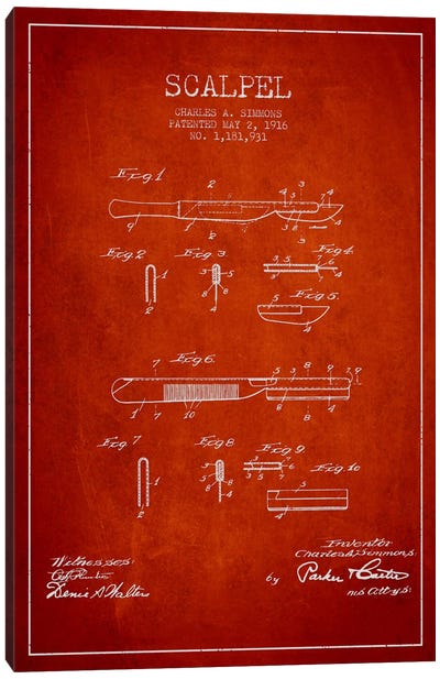 Scalpel Red Patent Blueprint Canvas Art Print - Medical & Dental Blueprints