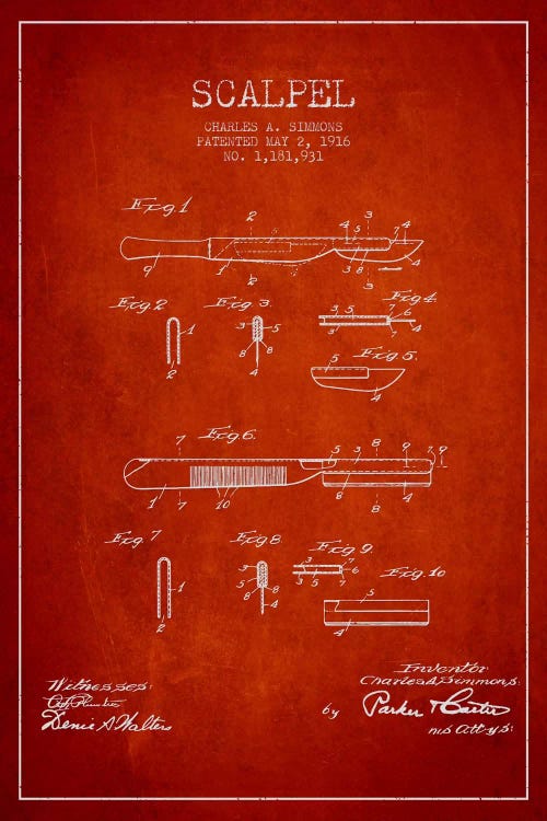 Scalpel Red Patent Blueprint by Aged Pixel wall art