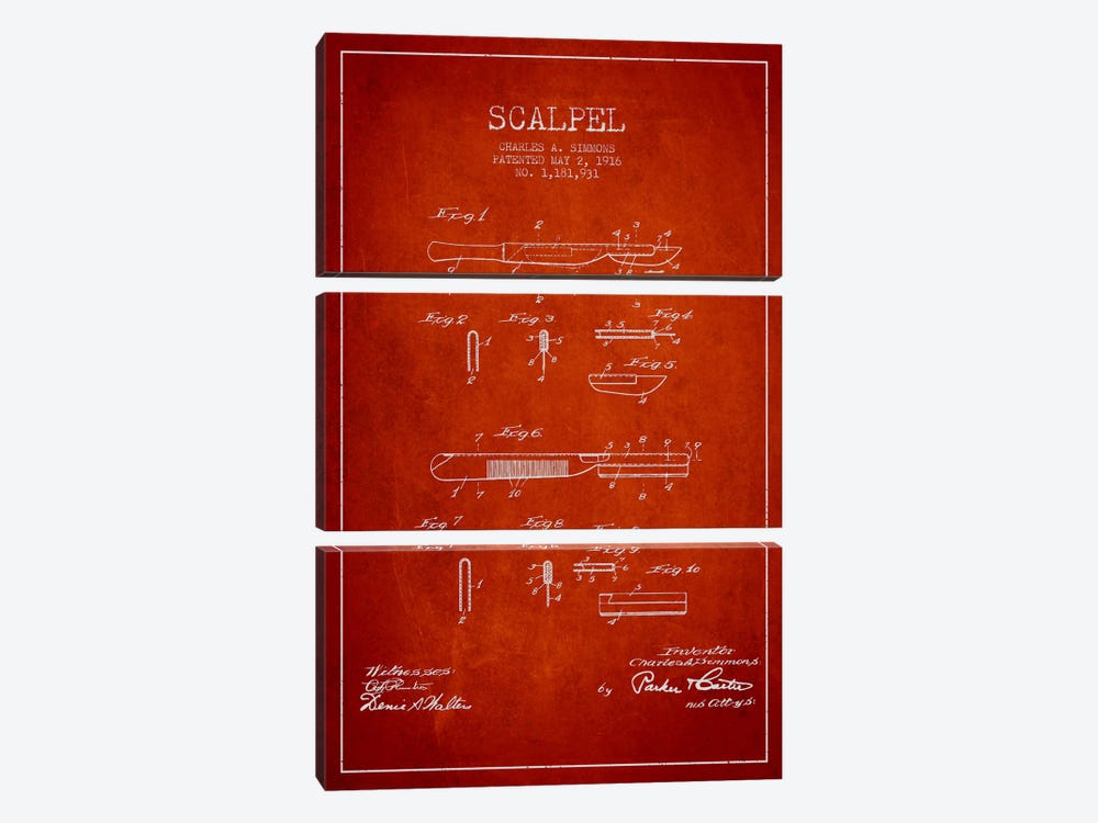 Scalpel Red Patent Blueprint by Aged Pixel 3-piece Canvas Artwork