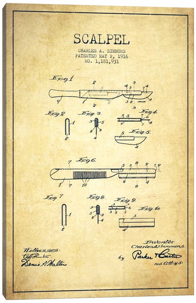 Scalpel Vintage Patent Blueprint Canvas Art Print - Aged Pixel: Medical & Dental