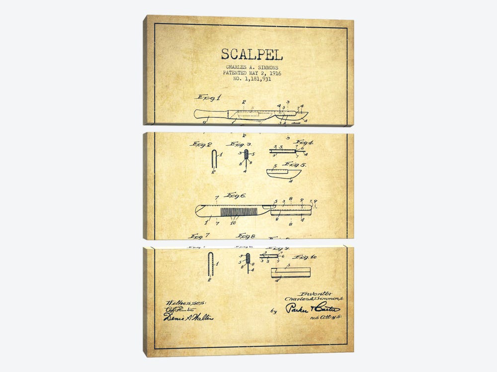 Scalpel Vintage Patent Blueprint by Aged Pixel 3-piece Canvas Art Print