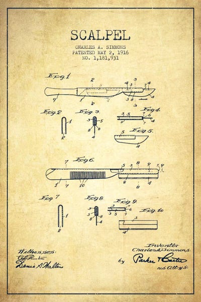 Medical & Dental Blueprints: Scalpel Vintage Patent Blueprint by Aged Pixel