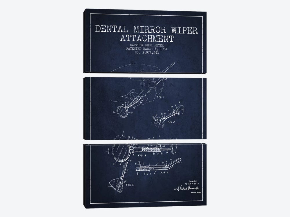 Dental Mirror Navy Blue Patent Blueprint by Aged Pixel 3-piece Canvas Artwork