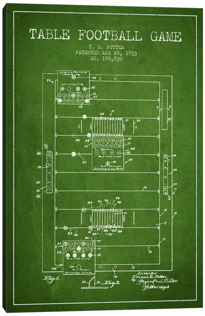 Table Football Green Patent Blueprint Canvas Art Print - Toy & Game Blueprints