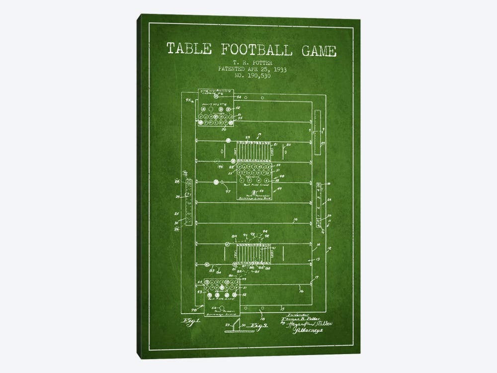 Table Football Green Patent Blueprint by Aged Pixel 1-piece Canvas Wall Art