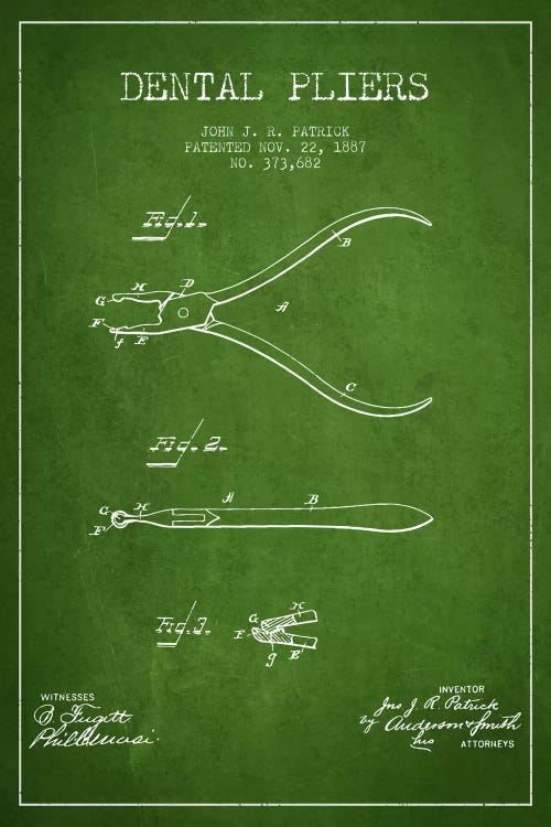 Dental Pliers Green Patent Blueprint by Aged Pixel wall art