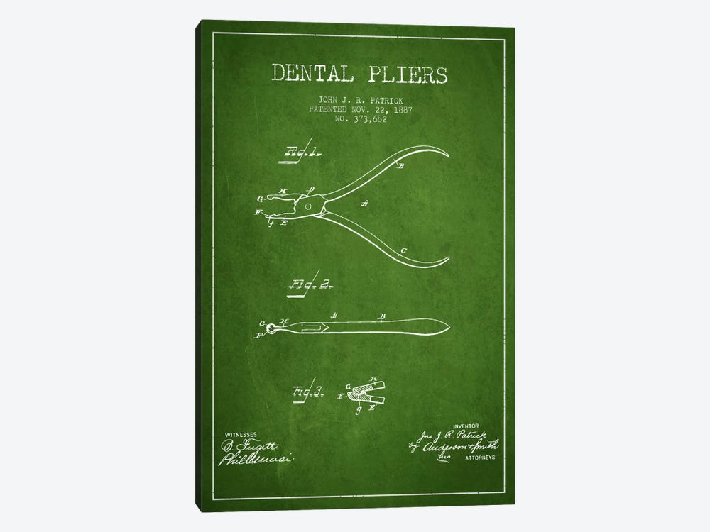 Dental Pliers Green Patent Blueprint by Aged Pixel 1-piece Canvas Art Print