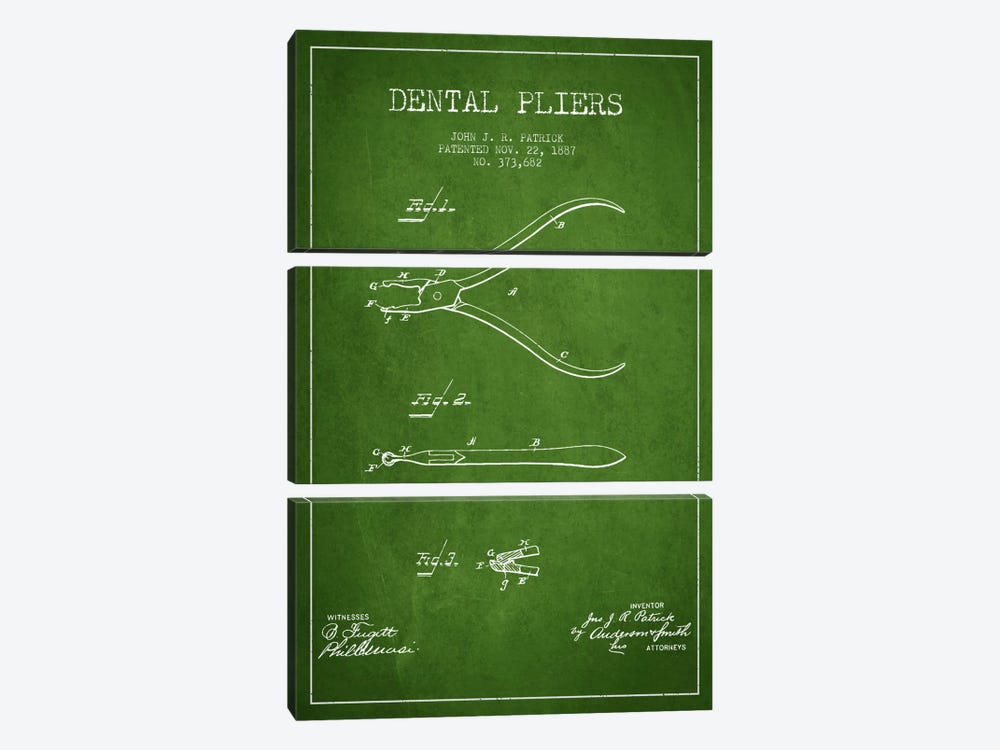 Dental Pliers Green Patent Blueprint by Aged Pixel 3-piece Canvas Print