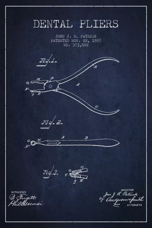 Dental Pliers Navy Blue Patent Blueprint by Aged Pixel wall art