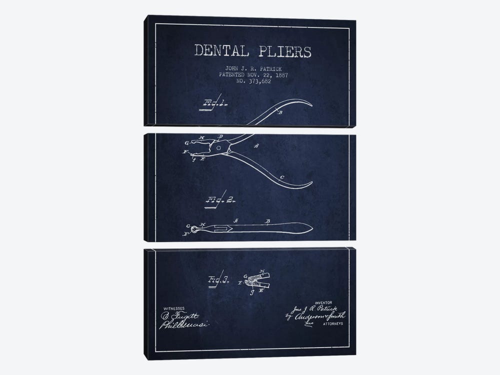 Dental Pliers Navy Blue Patent Blueprint by Aged Pixel 3-piece Canvas Art