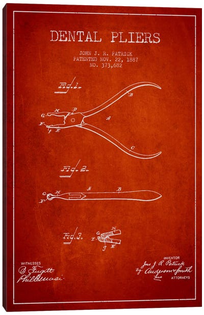 Dental Pliers Red Patent Blueprint Canvas Art Print - Aged Pixel: Medical & Dental