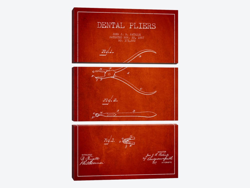 Dental Pliers Red Patent Blueprint by Aged Pixel 3-piece Art Print