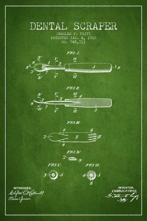 Dental Scraper Green Patent Blueprint by Aged Pixel wall art