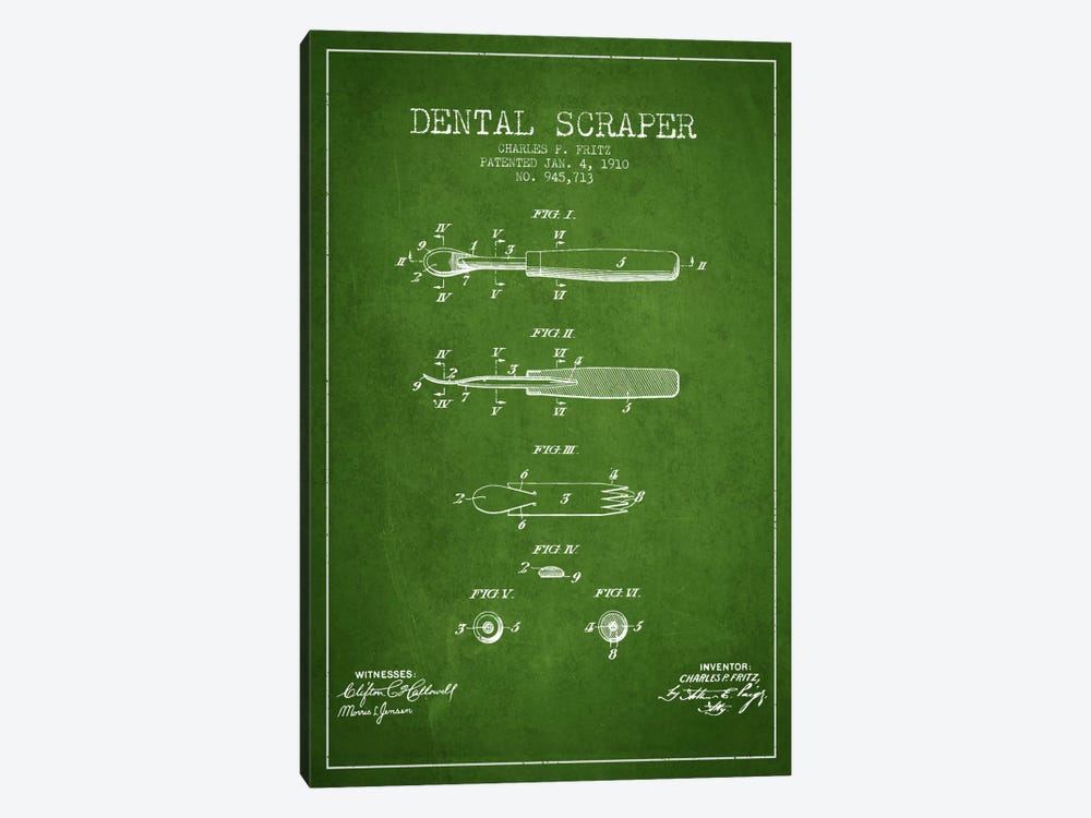 Dental Scraper Green Patent Blueprint by Aged Pixel 1-piece Canvas Art
