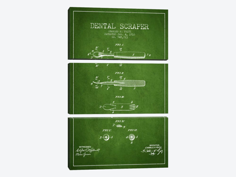 Dental Scraper Green Patent Blueprint by Aged Pixel 3-piece Canvas Art