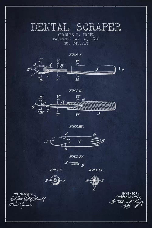Dental Scraper Navy Blue Patent Blueprint by Aged Pixel wall art